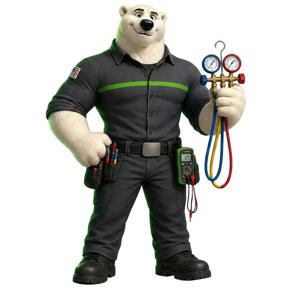Arctic, the Art Electric & HVAC polar bear mascot, in a green technician uniform holding a wrench