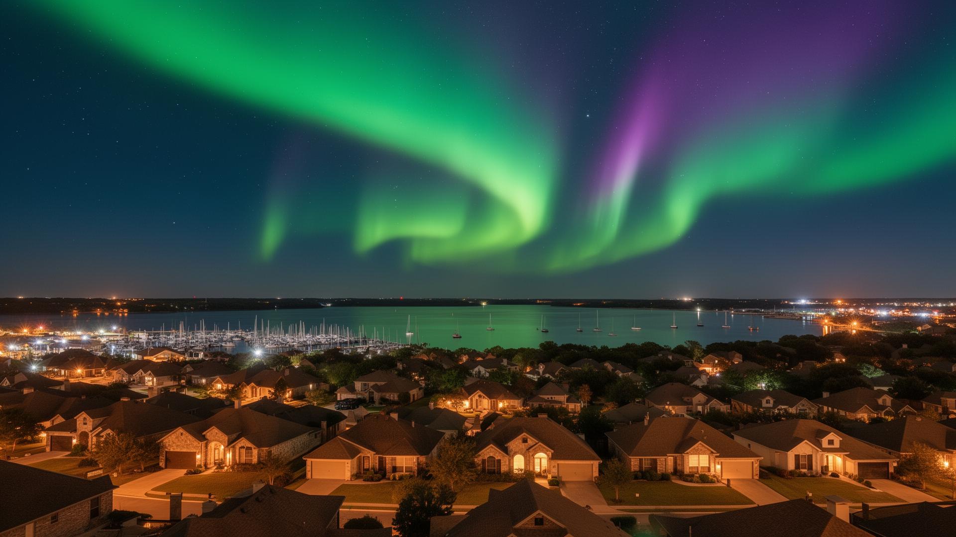 Rockwall neighborhood with Lake Ray Hubbard under an aurora borealis sky